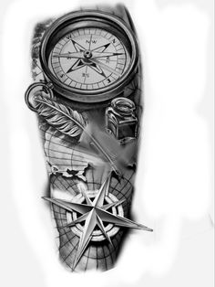 a black and white photo of a clock with compass, feathers and other things on it