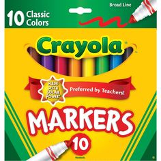 crayola markers with 10 colors in each pack on the front and back cover