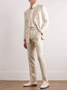 TOM FORD Cooper Straight-Leg Silk, Wool and Mohair-Blend Suit Trousers | MR PORTER Groom Suit Civil Wedding, Classy Groom Suit, Celebrity Wedding Suits, Casual Wedding Suits For Men, Vintage Tuxedo Men, Garden Party Suit, Cream Suit Men, Italian Wedding Suit, Silk Suit Men