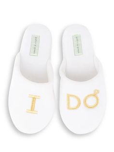 Patricia Green Women’s I Do Embroidered Slipper in White/Gold Embroidered Slippers, White Slippers, Wedding Week, Driving Moccasins, Velour Fabric, Artisan Gift, Mens Jewelry Bracelet, Fine Earrings, Heart Jewelry