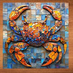 a colorful crab made out of mosaic tiles on a wooden surface with blue and orange colors