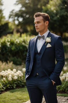 a man in a suit and bow tie standing on a brick walkway with white flowers