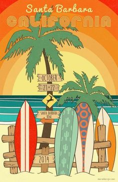 surfboards and palm trees on the beach with an orange sky in the background that says santa barbara california