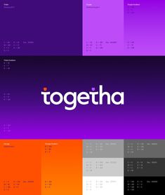 three different colored squares with the word'together'in white and purple on them