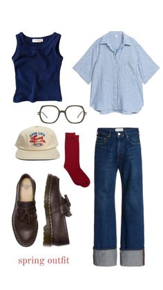 clothes and accessories are arranged in the shape of a man's outfit, hat, glasses, socks, shoes, and shirt