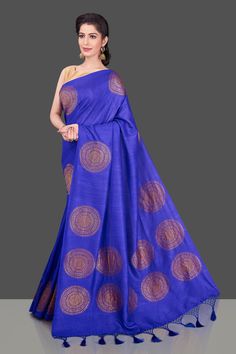 Shop attractive indigo blue borderless muga Banarasi saree online in USA with big zari buta. Shop beautiful Banarasi sarees, georgette sarees, pure muga silk sarees in USA from Pure Elegance Indian fashion boutique in USA. Get spoiled for choices with a splendid variety of Indian saris to choose from! Shop now.-full view Muga Silk, Indian Sari, Georgette Sarees, Indigo Blue, Blouse Dress