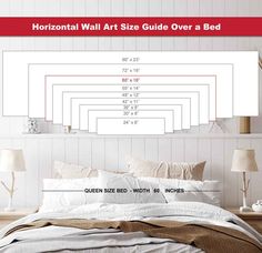 the horizontal wall art size guide over a bed is shown in red and white colors