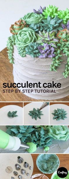 the steps to make a succulent cake with green and purple flowers on it