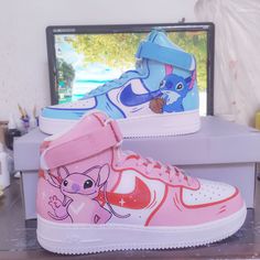 Custom Made To Order Footwear   - Authentic   - Brand New  - Free Worldwide Shipping   - High quality custom sneakers  - Original shoe box and accessories. - Best quality waterproof and scratch-proof paints used. Angel Custom, ليلو وستيتش, Lilo And Stitch Merchandise, Pink Stitch, Colorful Sneakers, Nike Shoes Girls, Preppy Shoes, Stitch Clothes, Air Force 1 Mid