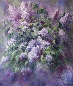 an oil painting of lilacs and other flowers