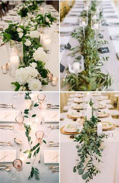 wedding table decorations with candles and greenery