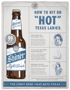 an advertisement for shiner beer with instructions on how to put on hot texas ladies