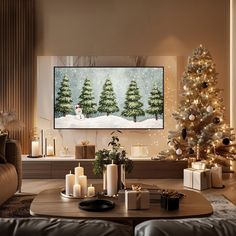 a living room decorated for christmas with candles and presents on the table in front of the television