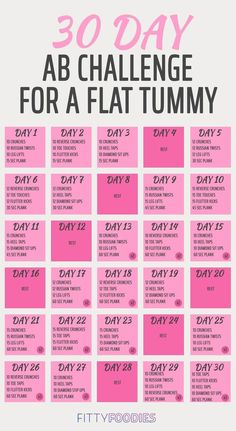 the 30 day ab challenge for a flat tummy is shown in pink and black