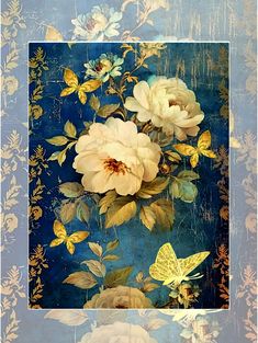 a painting of flowers and butterflies on a blue background with gold foiled border around the edges