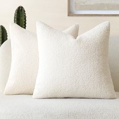 two white pillows sitting on top of a couch next to a green cactus in a living room