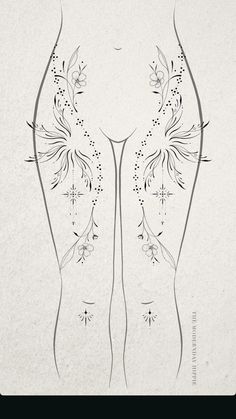 Hip Tattoo Ornament, Unique Tattoos Thigh, Ornamental Hip Tattoos Women, Ornamental Lower Back Tattoo Women, Leg Outline Template For Tattoo, Ornamental Tattoo Design Leg, Symmetrical Lower Back Tattoo, Ornamental Hip Tattoo, Back Tattoo Template