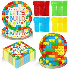 lego party supplies including plates, napkins and cups with the words let's build on them