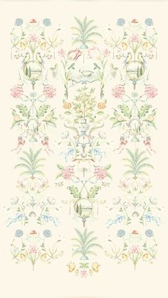 an ornate wallpaper design with flowers and birds on it's border, in pastel colors