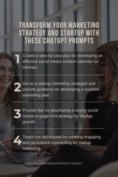 two women sitting at a table with the text transform your marketing strategy and start up with these