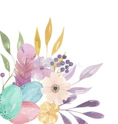 watercolor flowers and leaves on a white background stock photo - image 349782