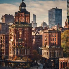 the city is full of old buildings and tall skyscrapers, with people walking around in the foreground