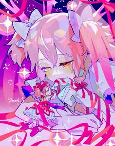 an anime character with pink hair holding a candy cane in front of stars and streamers