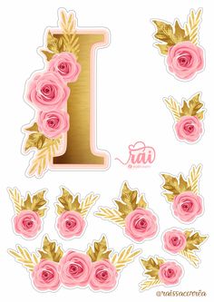 the letter i with pink roses and leaves on it is surrounded by gold foiling