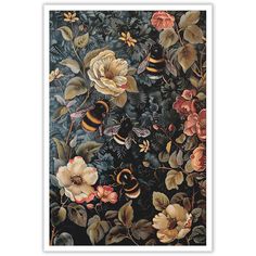 a painting with flowers and bees on it