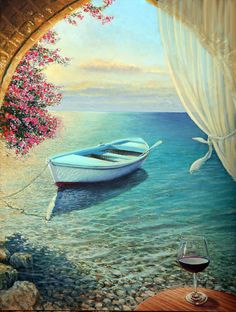 a painting of a boat on the water with a glass of wine in front of it