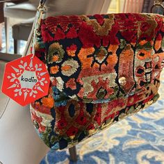 This Fantastic Vintage 1960s Cut Velvet Carpet Bag With Original Tags Has Never Been Used. Spotless Interior With One Zippered Pocket And One Unzipped Pocket. Gold Push Clasp And Handle Hardware, 10 Inch Drop From Stitched Faux Leather Handle. You Could Easily Add A Removable 1-Inch Leather Strap With Gold Buckles To Wear This As A Longer Crossbody Bag (~ Plenty Of Options On Amazon). Fantastic Saturated Colors, And A Great Bohemian Pattern. A Truly Great Vintage Piece! Pink Coach Purses, Handle Hardware, Velvet Carpet, Dooney & Bourke Bag, Bohemian Pattern, Bags Vintage, Carpet Bag, Ostrich Leather, Steve Madden Bags