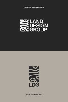 the logo for land design group is shown in three different colors and font styles, including black