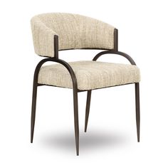 an upholstered chair with wooden legs and a beige fabric seat, viewed from the front