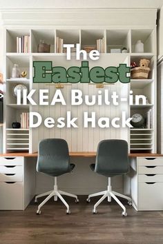 two chairs sitting in front of a desk with bookshelves and shelves behind them