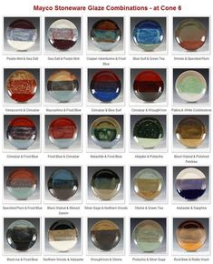 many different colored glass plates are shown in this image, with the names and numbers on them