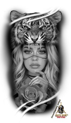 a woman with a tiger on her head and a rose in front of her face