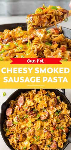 one pot cheesy smoked sausage pasta in a skillet