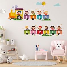 children's wall decals with colorful trains on them