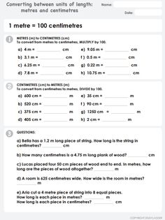 a math worksheet with numbers and measurements