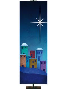 a painting of a city with a star above it