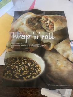 an advertisement for wrap n'roll on a table