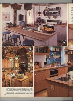 an article in the magazine features pictures of kitchen furniture and decor, including counter tops