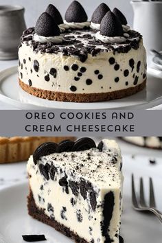 oreo cookies and cream cheesecake on a white plate