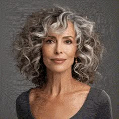 Grey Hair Inspiration Curly, Curly Long Grey Hair, Hairstyles For Thick Curly Gray Hair, Curly Hairstyles Grey Hair, Grey Hair Perms, Medium Grey Curly Hair Over 50, Grey Permed Hairstyles, Grey Curls Natural, Silver Hair Highlights Curly