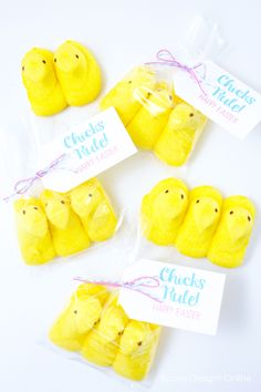 small yellow chicks are wrapped in cellophane and tied with twine for favors