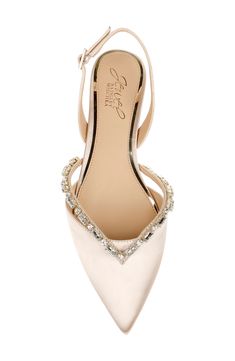 A string of jewels are like a royal crown on the vamp of this pointy-toe flat secured by a slender slingback strap. Adjustable slingback strap with buckle closure Lightly cushioned insole Synthetic or textile upper/synthetic lining/rubber sole Imported Women's Shoes Bride Shoes Flats, Bridesmaid Shoes Flat, Wedding Flats For Bride, Bride Flats, Taupe Wedding, Glamourous Heels, Pink Wedding Shoes, Dressy Flats, Jewel Badgley Mischka