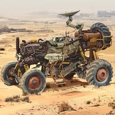 an image of a monster truck in the middle of the desert with wheels on it