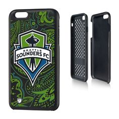 an iphone case with the seattle sounders logo and paisley pattern on it, next to a