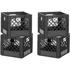 three black plastic crates stacked on top of each other