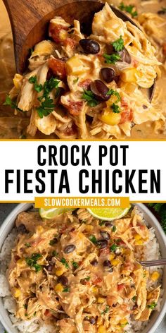 crock pot fiesta chicken in a bowl with rice and garnish on the side